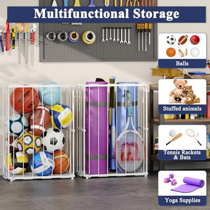 Garage Ball Storage, Wall-Mounted & Floor Ball Holder with Elastic Rope, Sports Equipment Organize Ball Rack for Basketball, Soccer, Volleyball, Football, Garage, Gym, White