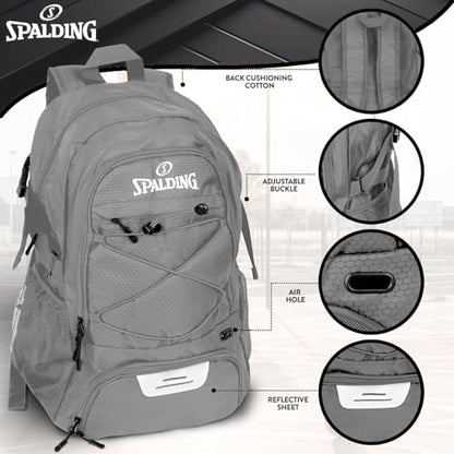 Spalding Basketball Backpack Sports Bag | Large Black Backpack with Shoe and Ball Compartment | Gifts for Basketball Players - color: Grey