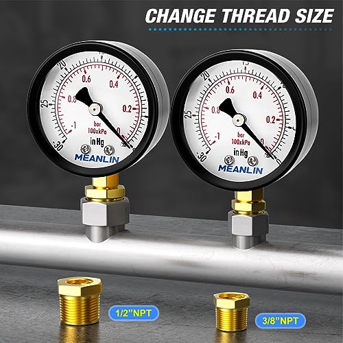-30inHG~0Psi Dry Vacuum Pressure Gauge, 2" DIAL FACE 1/4" NPT WOG Water Oil Air Pressure Test, Lower Mount, with 1/2" NPT and 3/8" NPT Hex Bushing - size: -30inHG-0Psi, style: 1/4"NPT Lower Mount