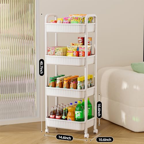 JOYZAN 4 Tier Rolling Carts with Wheels, Utility Cart with Handle and Locking Caster, Storage Cart for Kitchen, Office, Bedroom, Suitable for Diaper, Art Tools, Snack, Craft Storage Cabinet, White