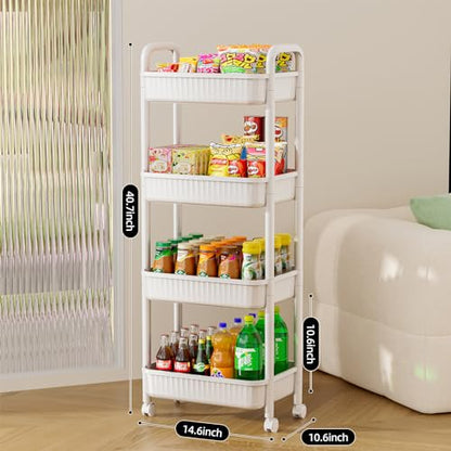 JOYZAN 4 Tier Rolling Carts with Wheels, Utility Cart with Handle and Locking Caster, Storage Cart for Kitchen, Office, Bedroom, Suitable for Diaper, Art Tools, Snack, Craft Storage Cabinet, White