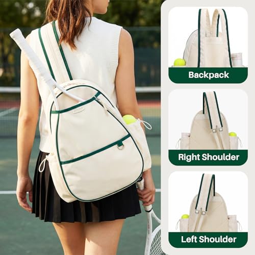 Tennis Bag for Women & Men Sling Crossbody Backpack 2-Racket Waterproof Pocket & Fence Hook Racket Bags Suitable for Pickleball Tennis Badminton - color: Beige