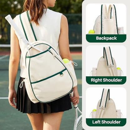 Tennis Bag for Women & Men Sling Crossbody Backpack 2-Racket Waterproof Pocket & Fence Hook Racket Bags Suitable for Pickleball Tennis Badminton - color: Beige