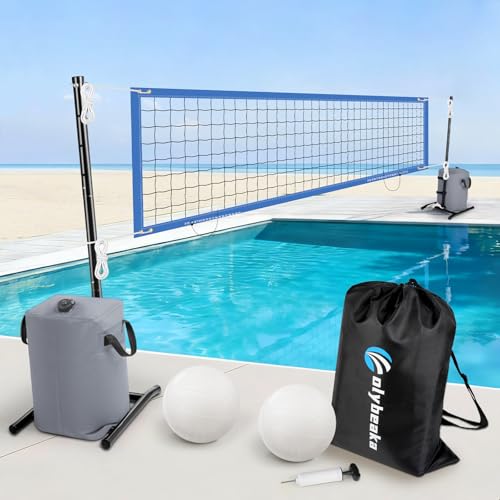 Pool Volleyball Net Set for Inground Pools | Max 30ft & 4-Height Adjustable | Angled Tension Poles + 2 Water-Filled Bags for Superior Stability | with 2 Volleybals + Storage Bag - color: Gray