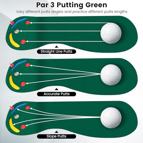 GYMAX Putting Green, 10 x 3 ft Par Three Putting Mat Set with 3 Putting Cups, 1 Flag and Golf Hole Covers, Putting Green Mat for Golf Training Practice Indoor/Outdoor, Garage, Backyard, Office