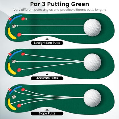 GYMAX Putting Green, 10 x 3 ft Par Three Putting Mat Set with 3 Putting Cups, 1 Flag and Golf Hole Covers, Putting Green Mat for Golf Training Practice Indoor/Outdoor, Garage, Backyard, Office