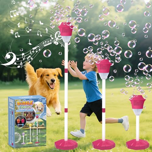 Infowush Bubble Machine for Kids, Automatic Standing Bubble Maker Machine Height Adjustable Up to 47 Inches Outdoor Battery Bubble Machine with Light/Music for Toddlers Birthday Party Gifts（Red） - color: Red