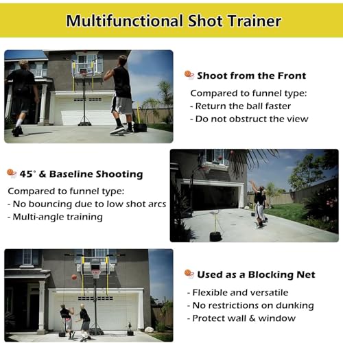 Large Basketball Return Attachment for Hoop, Ball Shot Trainer with 16x16ft Net, Automatic Ball Rebounder 90° Rotatable, Hoop Rebound Back Netting Attachment for Yard, Home & Residential Use(Shooting