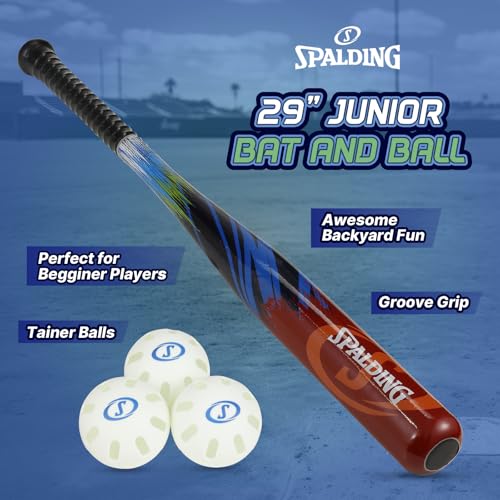 Spalding - Junior Bat and Ball Set, 29" Bat with 3 Training Balls, Beginner Backyard Baseball Fun, Outdoor Play for Kids (Orange)