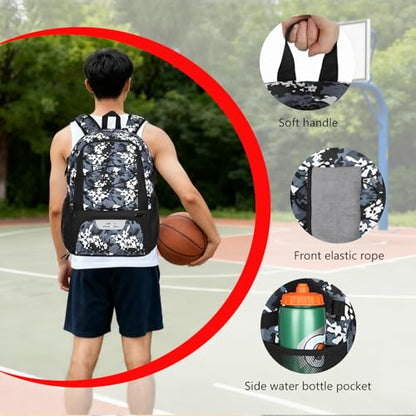 Goloni Basketball Backpack,Large Sports Bag with Ball Compartment & Shoe Compartment,Basketball Bag Fit Volleyball, soccer,Gym - color: Camo Gray