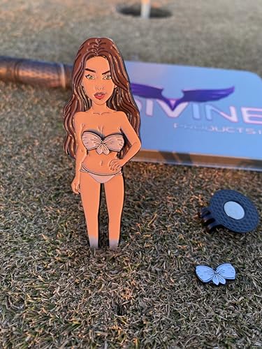 Sexy Golf Divot Tool with Removable Bikini Ball Marker – Magnetic Hat Clip & Gift Tin Included – Hottest Accessory on The Green - color: Brunette