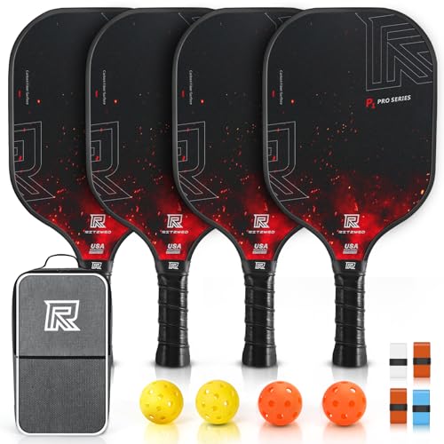 USAPA Approved Pickleball Paddles Set of 4 - T-300 Carbon Fiber Hybrid for Soft Touch & Control - Quiet Lightweight Core - Complete Starter Kit with Bag & Balls for Family & Beginners