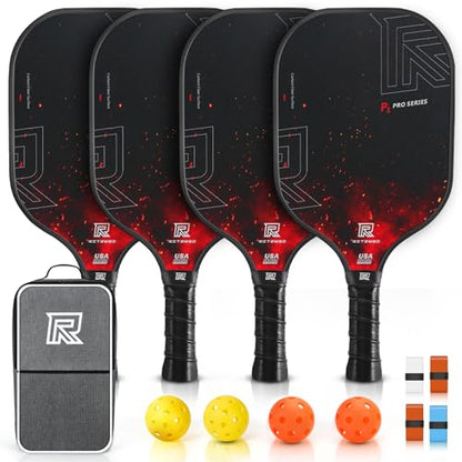 USAPA Approved Pickleball Paddles Set of 4 - T-300 Carbon Fiber Hybrid for Soft Touch & Control - Quiet Lightweight Core - Complete Starter Kit with Bag & Balls for Family & Beginners