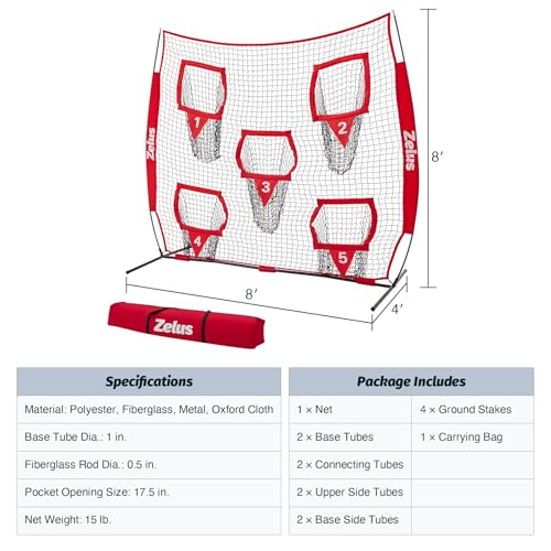 ZELUS Football Throwing Net, Quarterback Training Equipment with 5 Target Pockets, Football Practice Throwing Passing Accuracy Trainer with Carry Bag Ground Stakes for Kids Adults
