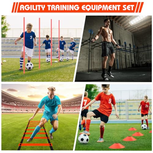Agility Training Poles Equipment Soccer Training Equipment Includes 6 Agility Poles,Agility Ladder, 10 Soccer Cones,Jump Rope for Speed Training, Soccer Training, Basketball Athletes & Kids - color: Orange