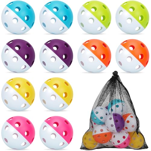 Coopay 12/50/100 Pack Plastic Baseballs Practice Training Balls Lightweight Hollow Softballs with a Drawstring Bag for Hitting Pitching Batting Training Indoor Outdoor Sport - color: Half Color Mix, style: 12 Pack