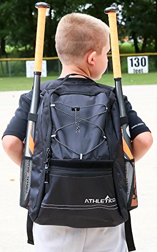 Athletico Youth Baseball Bag - Bat Backpack for Baseball, T-Ball & Softball Equipment & Gear | Holds Bat, Helmet, Glove | Fence Hook - color: Black