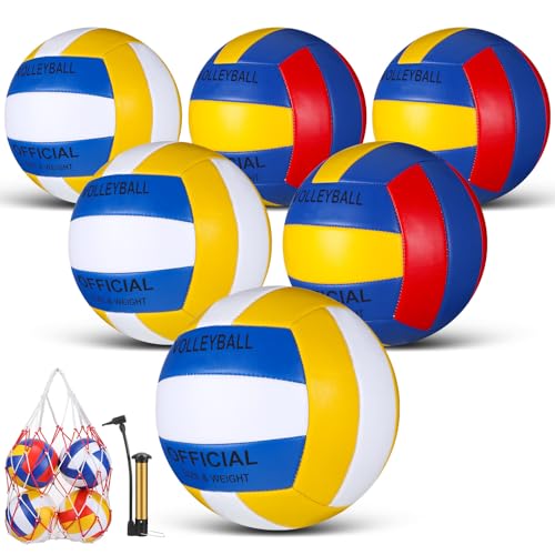 Junkin 6 Pack Volleyballs Official Size 5 Waterproof Soft Volleyball with Pump and Net Bag Outdoor Indoor Beach Gym Training Sport Gift Back to School - color: Blue Yellow Red, Blue White Yellow