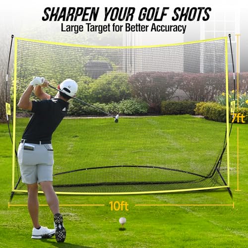 Golf Net, 10x7ft Golf Practice Net with Noise Reduce Silk Target Driving Real Balls, Hitting Nets for Backyard Garage, Improve Chipping Putting Pitching,Gift for Men & Golfers - color: Yellow