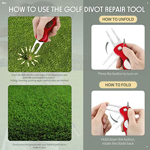 Skylety 4 Pcs Golf Divot Repair Tool Metal Foldable Golf Divot Tool with Magnetic Pop-up Button Ball Marker Stainless Steel Switchblade for Golfers Prizes - color: Red, Silver