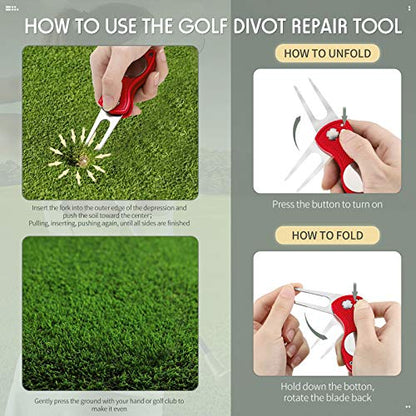 Skylety 4 Pcs Golf Divot Repair Tool Metal Foldable Golf Divot Tool with Magnetic Pop-up Button Ball Marker Stainless Steel Switchblade for Golfers Prizes - color: Red, Silver