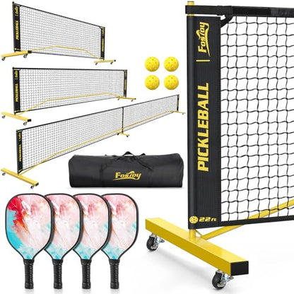Pickleball Set Net with 4 Paddles, 6FT/11FT/22FT Portable 3-in-1 Pickle Ball Net with Carry Bag, Pickleballs, Designed for All Weather Conditions - style: 3-in-1 pickleball net with rackets