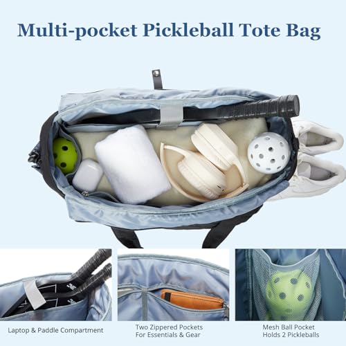 Pickleball Bag Fits 2 to 6 Paddles, Quilted Pickle ball Tote Bags for Women and Men with Shoe Compartment and Fence Hook, Great Pickleball Gifts - color: Black