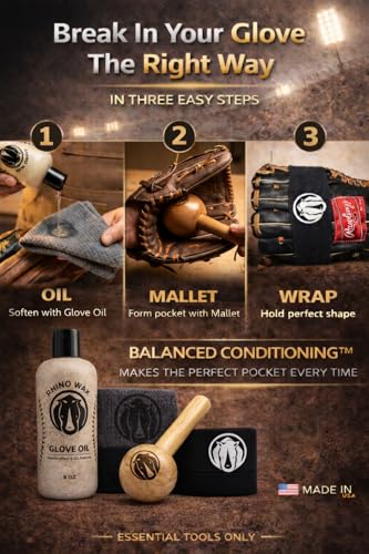Rhino Wax - Baseball Glove Break-in Kits - May Include Premium Oil for Ball Gloves, Mallet for Breaking in, Shaping Wrap, and Microfiber Cloth - Everything to Get Your Glove Game Ready - size: Essentials Break In Kit