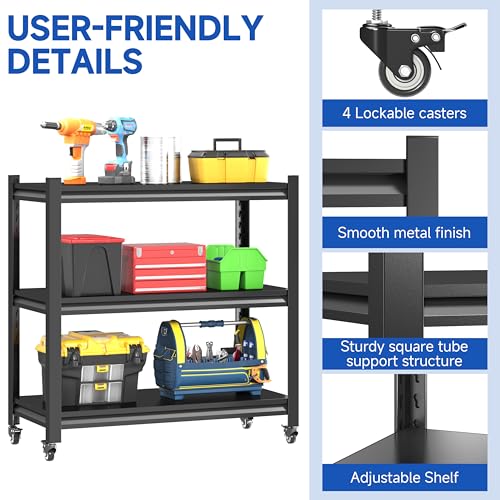 Standing Storage Racks,3 Tier Garage Shelving Heavy Duty Adjustable Garage Shelves,Large Modular Shelving Unit Storage Organizer for Kitchen/Bathroom/Pantry/Office-Assembly Required(Black) - size: 34.2''H-Black