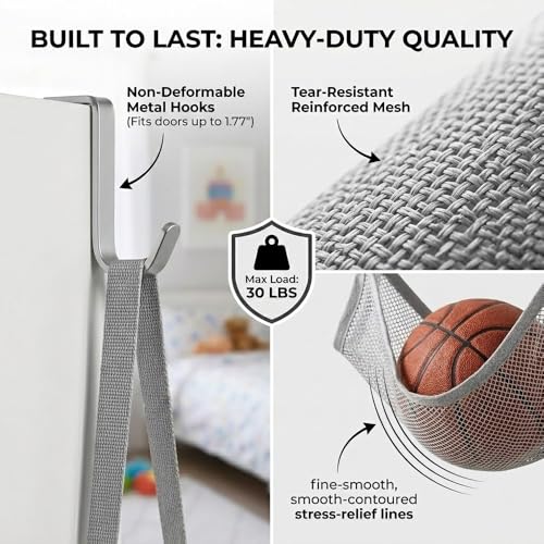 4-Tier Over the Door & Wall Mountable Sports Ball Organizer - Hanging Mesh Rack for Basketball, Helmets, Sneakers & Toys - 12" Extra Wide Pocket Storage for Garage, Nursery & Kids Room, Grey