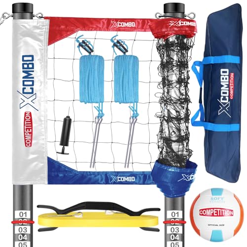 Professional Volleyball Net Set Heavy Duty for Outdoor Backyard Portable with Aluminum Adjustable Height Scoring Poles, Regulation Nets System for Tournament, Grass