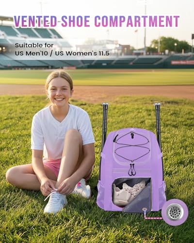 MATEIN Softball Bag, Lightweight Baseball Backpack with Shoe Compartment, Baseball Bag with Fence Hook for TBall Bat & Equipment, Softball Gifts Catchers Backpack for Women Fit Catcher’s Mitt, Helmet - color: Purple