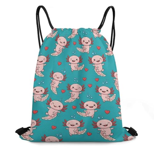 Drawstring Backpack Gym Sackpack Lightweight Waterproof String Bag for Sports Travel Yoga Beach Swimming, Men Women Unisex, Axolotls Hearts And Bubbles Green Bags - color: Picture (361)