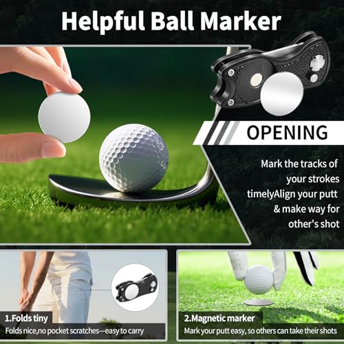 Golf Divot Repair Tool - Foldable Golf Repair Kit with Sturdy Handle & Magnetic Pop-up Button Ball Marker - color: black