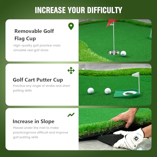 Thickened Realistic Golf Putting Green, 5 x 10ft Professional Golf Practice Training Mat for Indoor Outdoor, 3 Holes, Long Challenging Game Green Mat for Children with Training Aid Put Cup