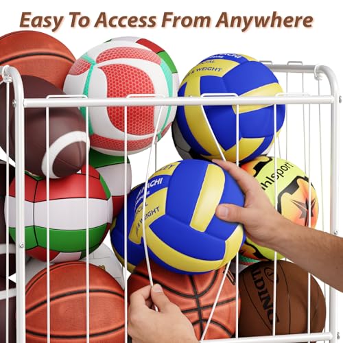 YKDIRECT 210L Rolling Ball Organizer with Locking Wheels - Large Sports Storage Basket for Basketball Soccer Football Volleyball, Steel Garage Equipment Cart with Elastic Rope for Household Storage - size: 210L