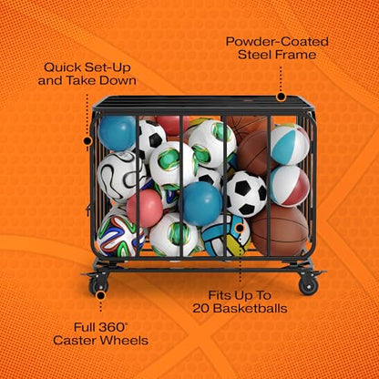 Houseables Ball Cart, Ball Storage, Basketball Cart, Basketball Storage Bin, Sports Equipment Organizer, Holder Cage with Wheels, Volleyball, Gym, Recess, Soccer, Playground, PE, Large Metal Basket