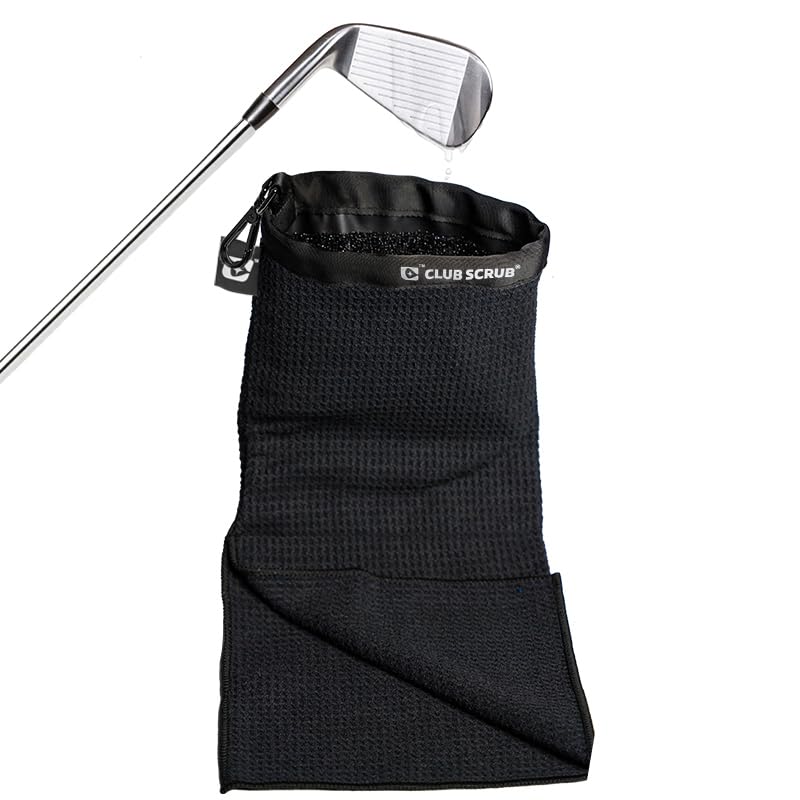 Club Scrub Towel Pro, Golf Club and Ball Cleaning Pouch with Attached Towel, Waterproof Exterior, Waffle-Weave Microfiber (Black) - color: Black