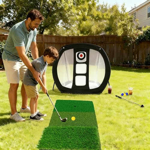 Golf Putting Mat Indoor Practice with Hitting Net 6 Balls for Dad Father Day Christmas Home Backyard Training