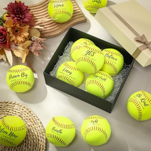 MiniInflat 12 Pack Sports Practice Softball Motivational Slowpitch Softball Official Size and Weight Ball Inspirational Fastpitch Training Ball Leather Covered for Game Training