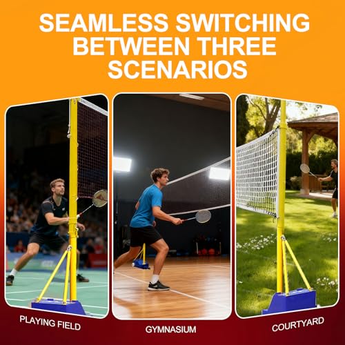 Portable Volleyball Poles,Blue Badminton Stand,Volleyball Net Outdoor with Wheels,Height Adjustable 5-6.9ft,Heavy Duty Steel Base,with Volleyball Net/Badminton Net,for Backyard Beach Indoor Outdoor