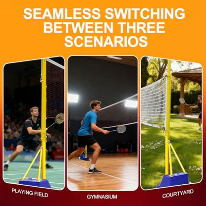 Portable Volleyball Poles,Blue Badminton Stand,Volleyball Net Outdoor with Wheels,Height Adjustable 5-6.9ft,Heavy Duty Steel Base,with Volleyball Net/Badminton Net,for Backyard Beach Indoor Outdoor