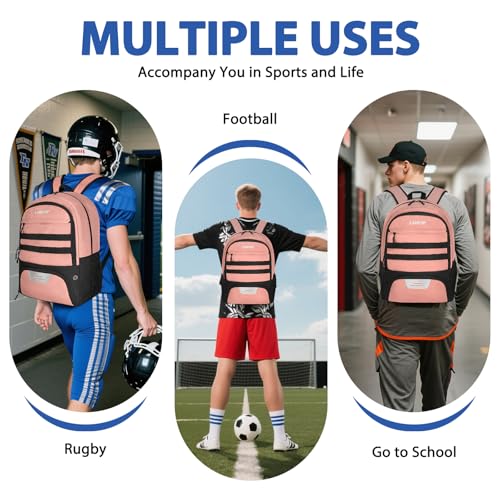 LARIPOP Soccer Backpack with Ball Holder & Shoe Compartment Large Capacity Youth Sports Bag for Training - color: Flesh Pink