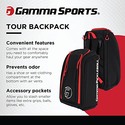 Gamma Sports Tour Backpack, Water-Resistant Pickleball Bag for Pickleball Paddles, Gear, and Clothes, Black