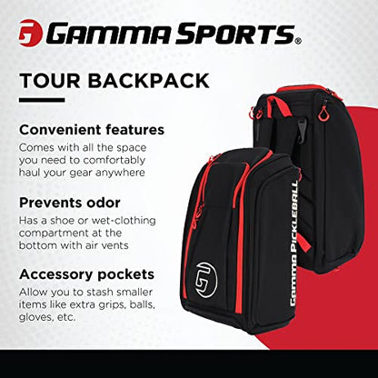 Gamma Sports Tour Backpack, Water-Resistant Pickleball Bag for Pickleball Paddles, Gear, and Clothes, Black