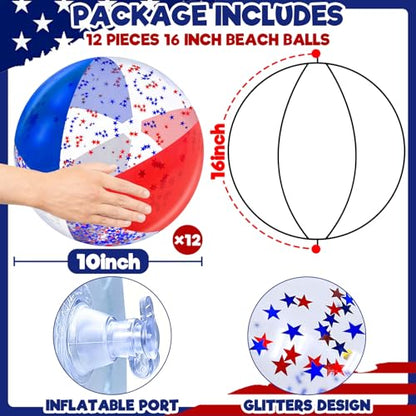12 Pack 16" Inflatable Patriotic Beach Balls,4th of July Red White and Blue Stars Glitters Beach Ball Bulk,250th Anniversary Pool Toys for Kids & Adults Summer Swimming Pool Beach Party Game Water Toy - color: Patriotic White Red and Blue