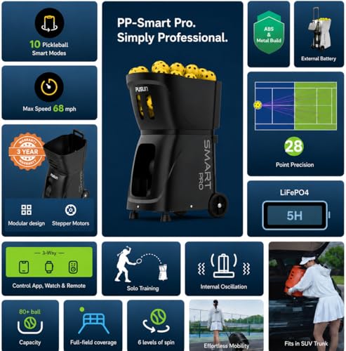 PP-Smart Pro Pickleball Machine with Invertible Hopper | 80+ Ball Capacity, Internal Oscillation, 28 Landing Points, 10 Training Modes, ±6 Spin, App & Remote Control for Mobile Players