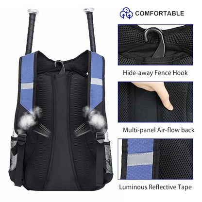 DAFISKY Baseball Bag Softball Backpack - Youth Adult T Ball Bat Equipment Bag with Bat Helmet Holders, Shoe Compartment - color: Purple
