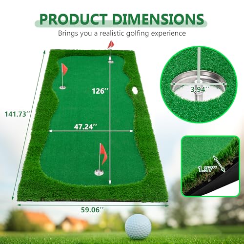 Premium Golf Putting Green Mat for Indoor & Outdoor, 3 Holes with Flags, Realistic Turf & Non-Slip Base, Practice Putting Mat with 6 Balls & Slope Pads - size: 11'10" x 4'11" (L x W)