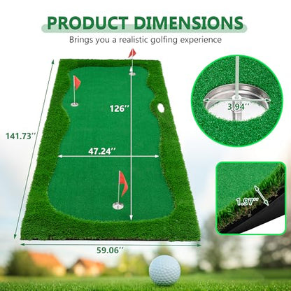 Premium Golf Putting Green Mat for Indoor & Outdoor, 3 Holes with Flags, Realistic Turf & Non-Slip Base, Practice Putting Mat with 6 Balls & Slope Pads - size: 11'10" x 4'11" (L x W)
